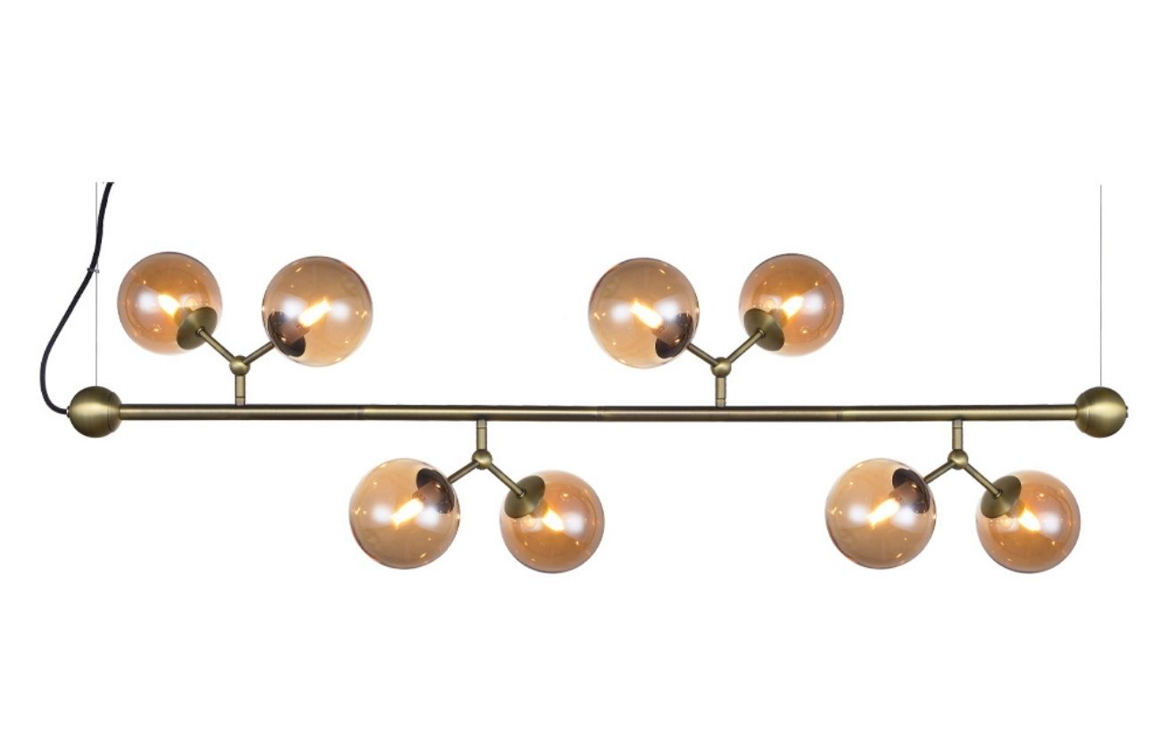 Jantarově hnědé skleněné horizontální závěsné světlo Halo Design Atom 123 cm